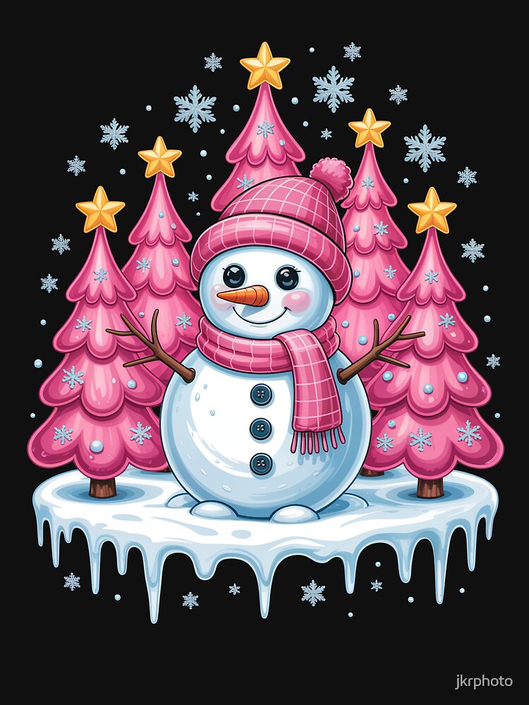 Smiling Snowman with Pink Trees by jkrphoto