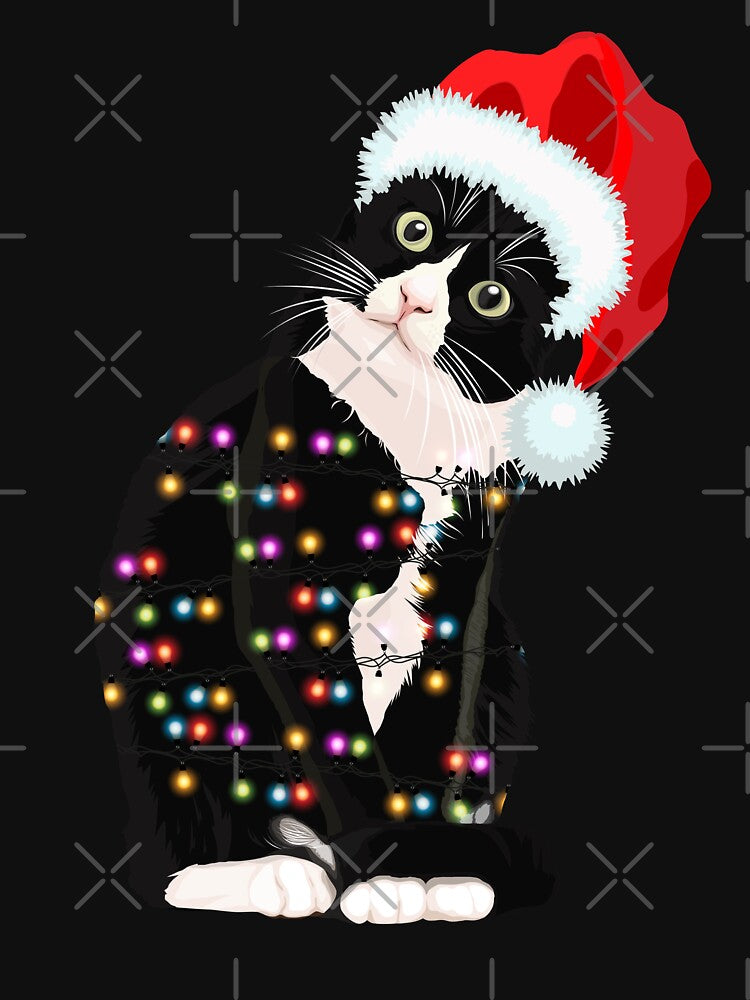 Black Santa Cat Tangled Up In Lights Christmas Santa Illustration by swedtees