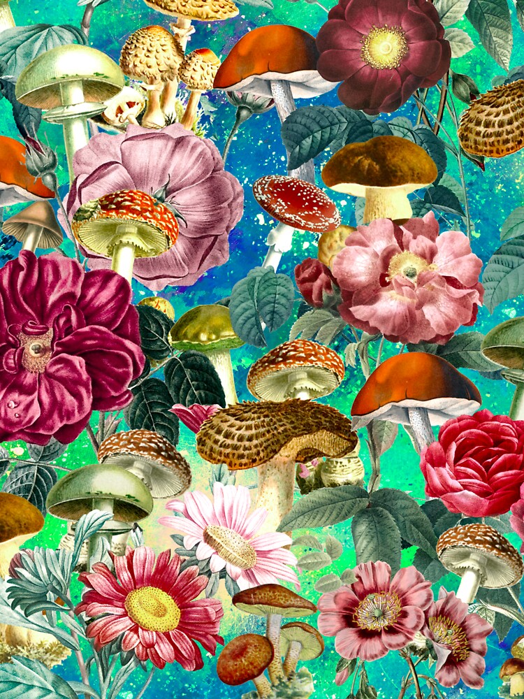 Vintage mushrooms and florals garden, shrooms and fungi, botanical pattern, mushrooms illustration, seamless pattern, blue turquoise pattern trendy by ZeinabTaha