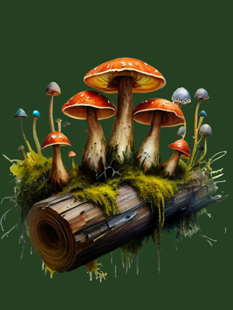 Goblincore Mushrooms on a Mossy Log by EnchantedIsle