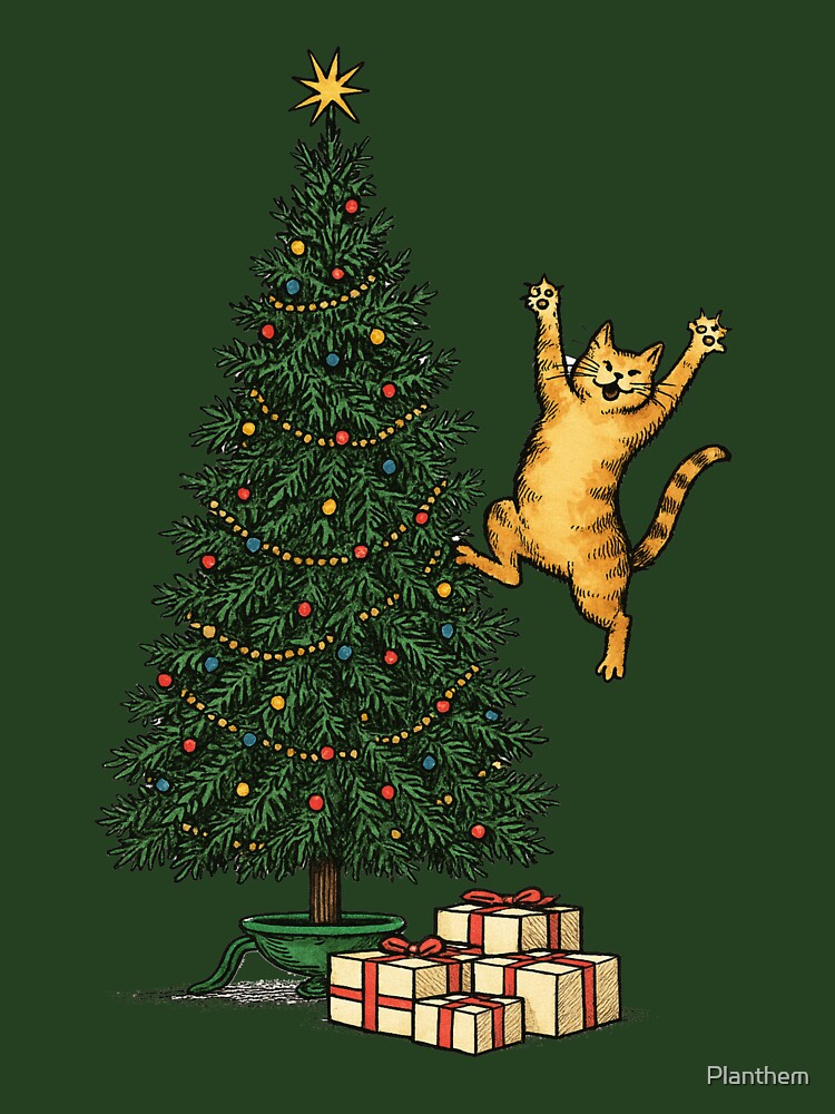 Funny Cat Jumping at Christmas Tree – Holiday Chaos Illustration by Planthem