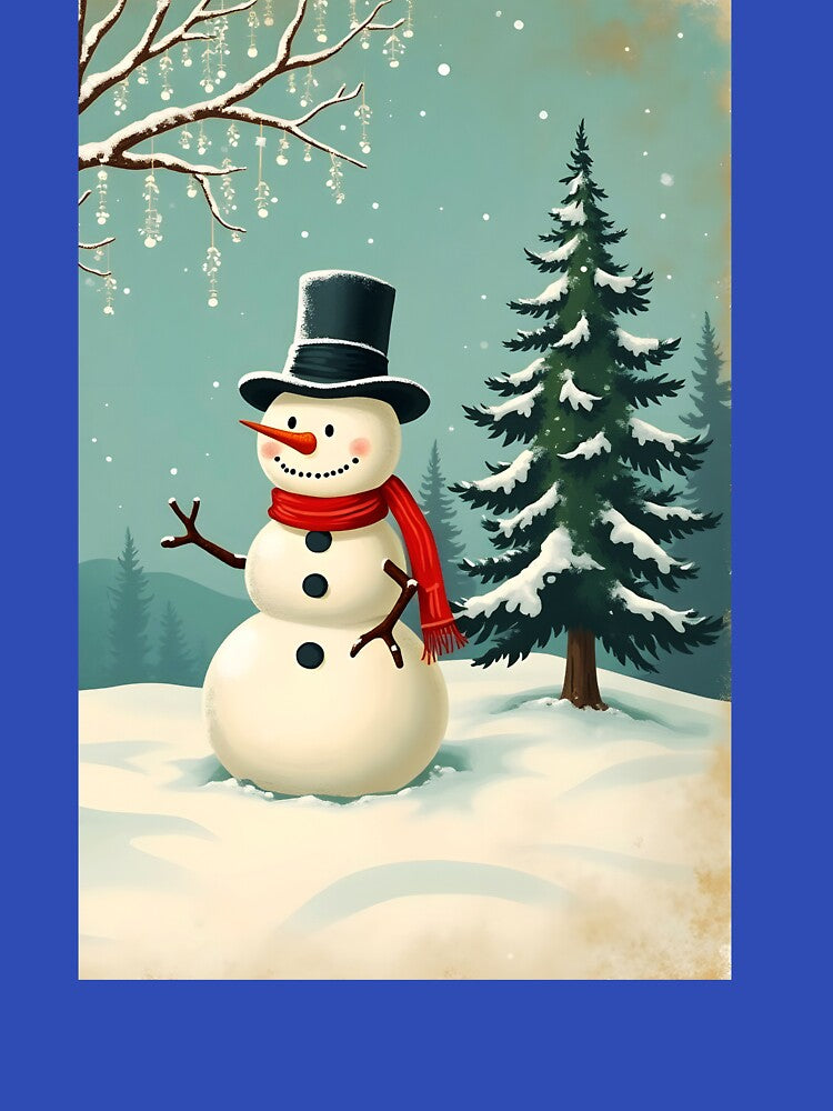 Vintage Snowman next to a pine tree postcard design by EmeraldeaDesign