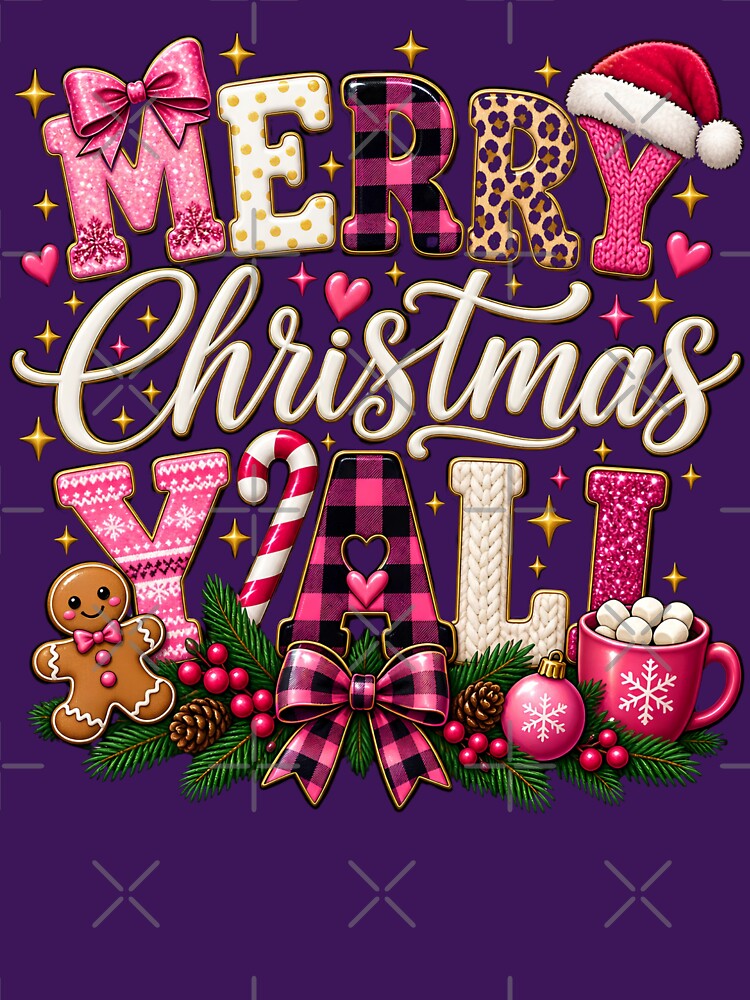 Merry Christmas Y'all Pink Leopard Buffalo Plaid Christmas T-Shirt by Abdelthreads