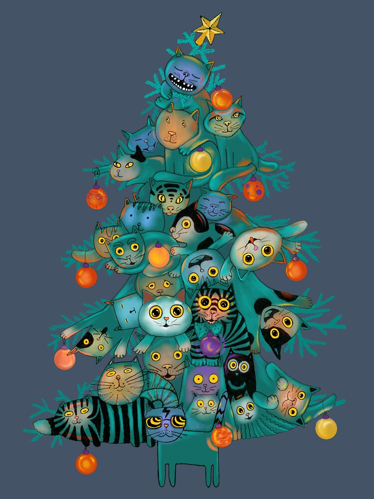 Cat Christmas Tree | Cute Cat Decorating Christmas Tree Holiday Art by Ruta