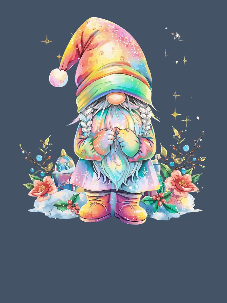 Whimsical Rainbow Holographic Gnome Illustration | Colorful Christmas Gnome Design | Holiday Gift Clothing & Accessories by KimmiesColors