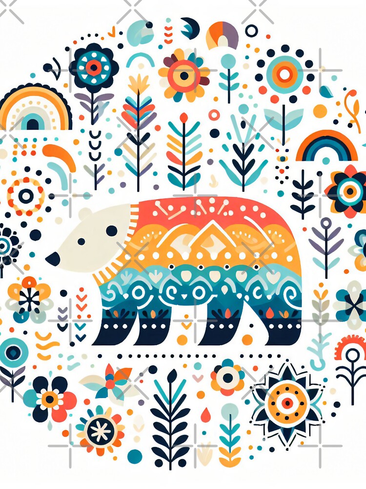 Rainbow Polar Bear in Folk Flower Circle - Scandinavian Folk Art by heidiannemorris © by FOLK ART FUSION