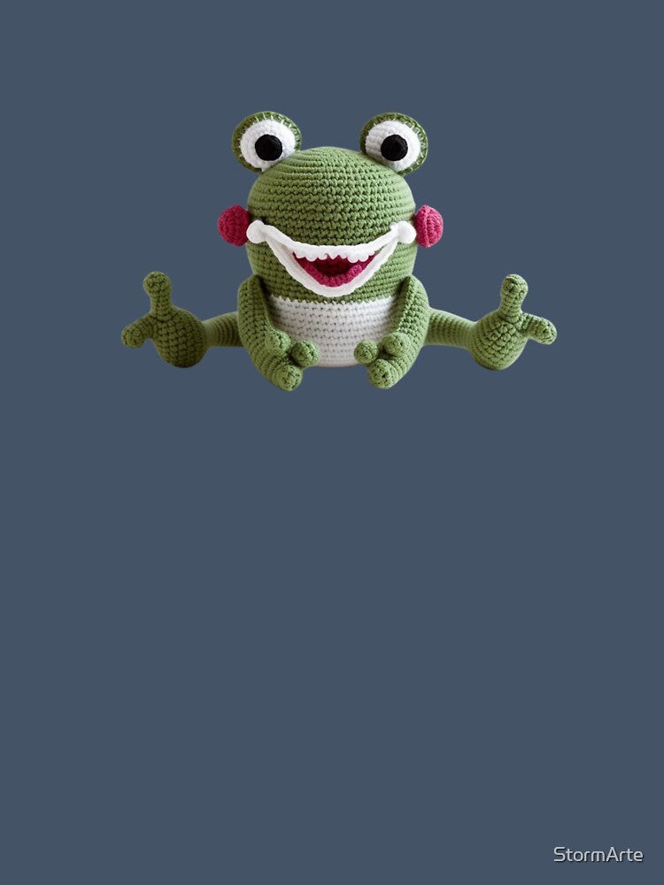 Funny crochet frog with pink cheeks – cute and cheerful design by StormArte