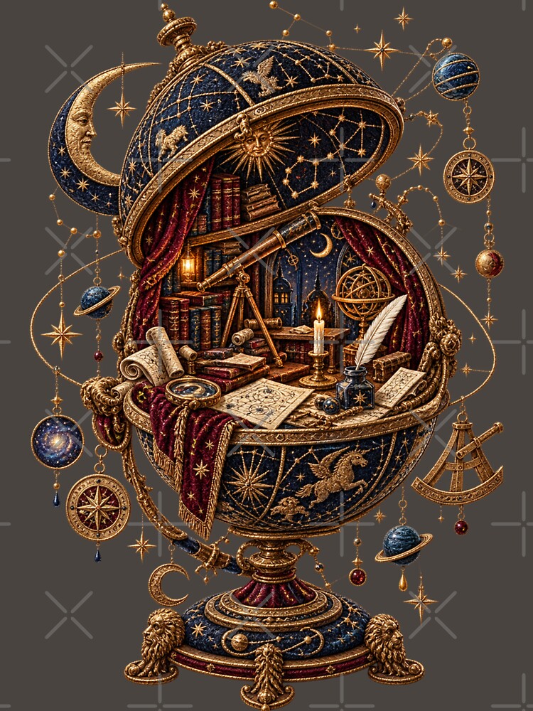 Astronomy Embroidery – Celestial Globe Scholar’s Study by Emoji Emblems