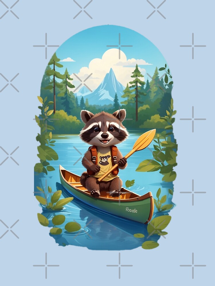 Smiling raccoon cub in canoe on lake comic graphic art by CedricNorbinho