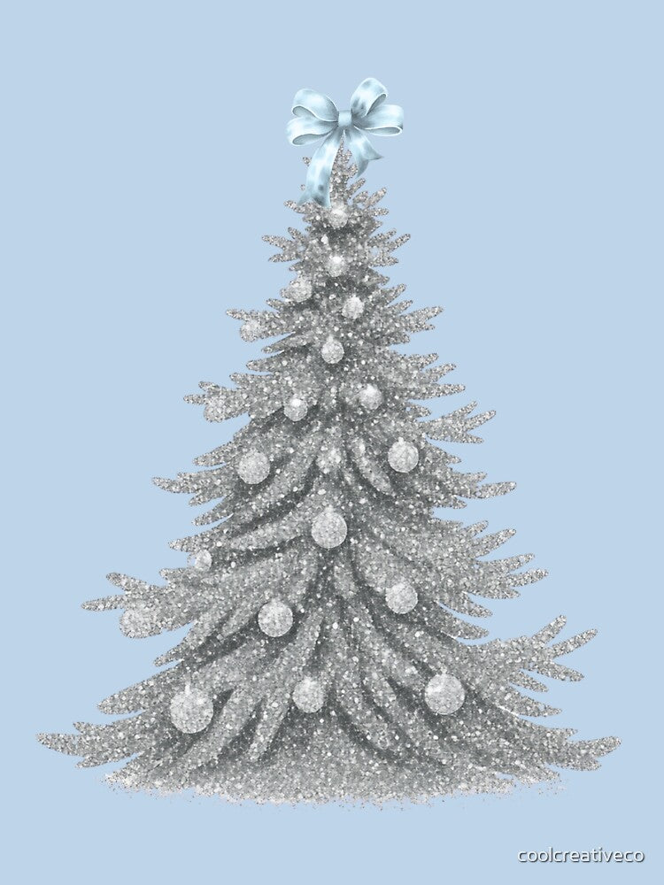 Vintage Silver Glitter Christmas Tree with Baby Blue Bow by coolcreativeco