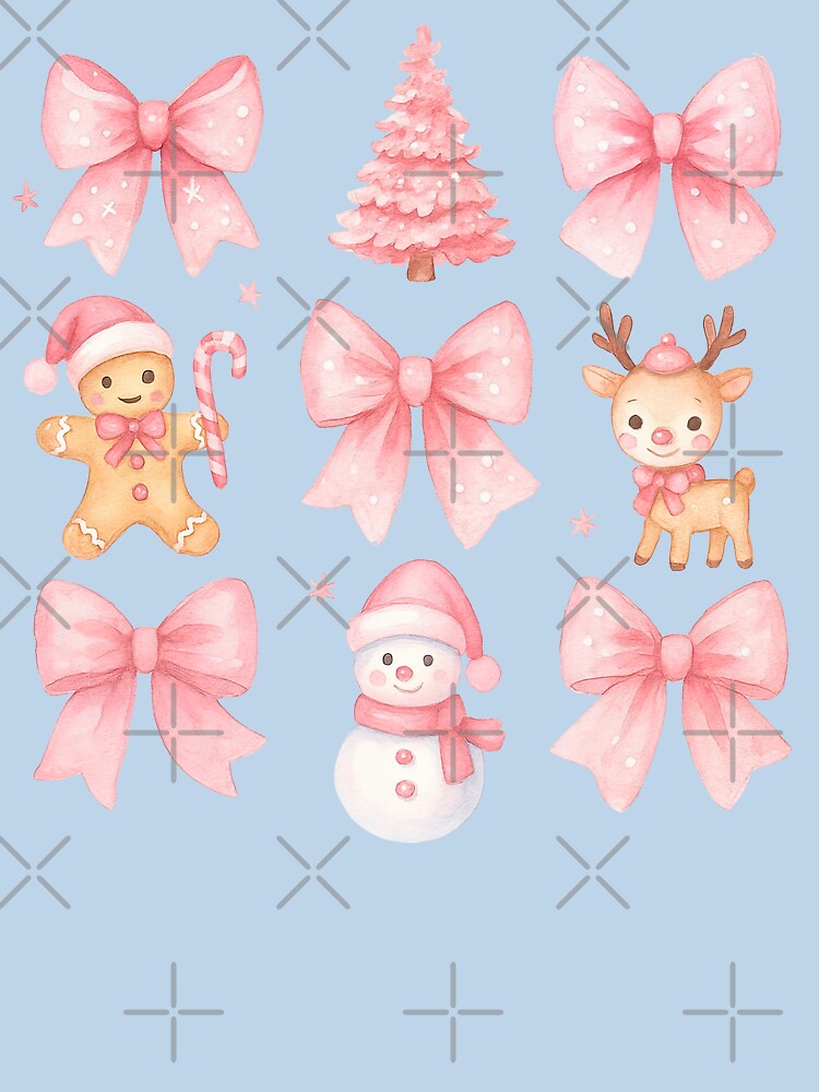 Pink Christmas Cute Illustration with Bows Reindeer Snowman by ArtfulWeave
