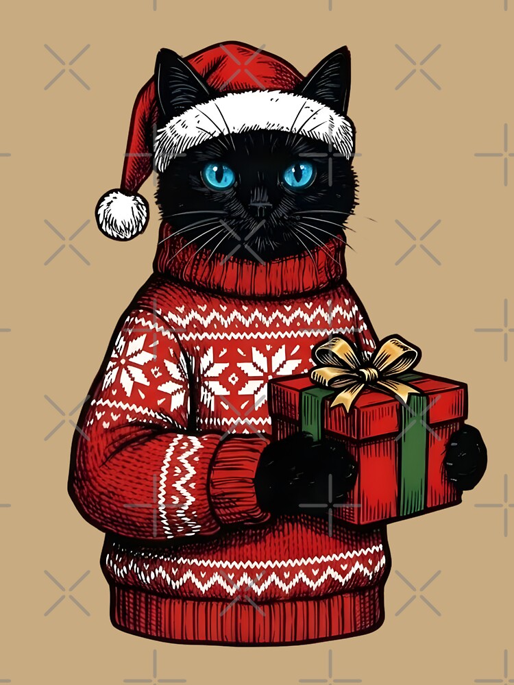 Christmas Black Cat Knitting Sweater - Santa Hat Blue Eyes by Abdeelol