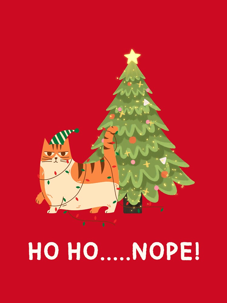 Funny Grumpy Orange Cat Tangled In Christmas Lights - Ho Ho Nope by Cat Stories
