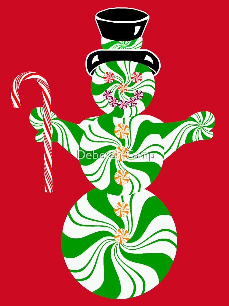 Spearmint Snowman with Striped Peppermint Candy Cane by Deborah Camp
