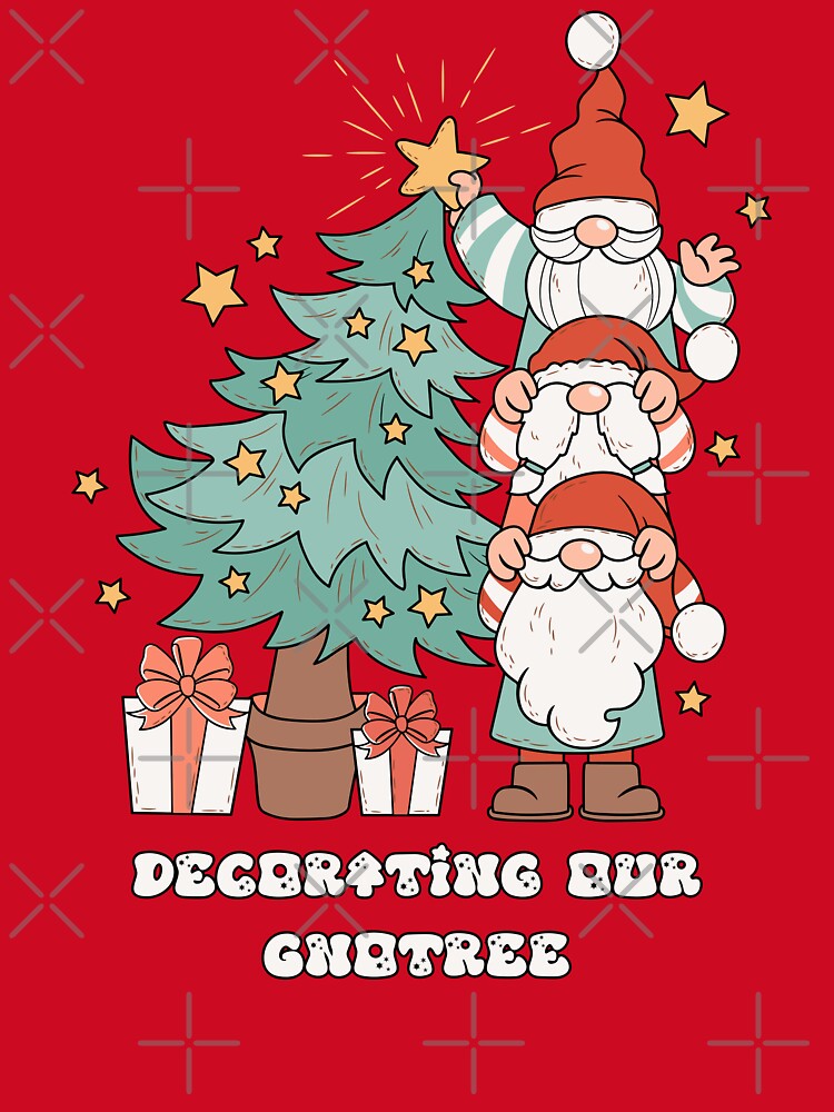 Decorating Our Gnotree - Cute Gnomes Decorating a Christmas Tree (Black Outline and White Text Design) by Spiprinto