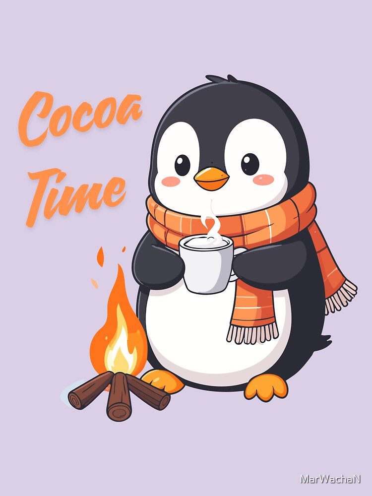 Kawaii Penguin in Scarf Sipping Cocoa – Cozy Campfire Winter Art by MarWachaN