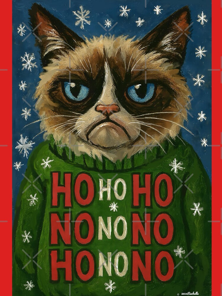 Funny Grumpy Ho Ho Christmas Cat in Ugly Christmas Sweater by Yogibear & Rachelle