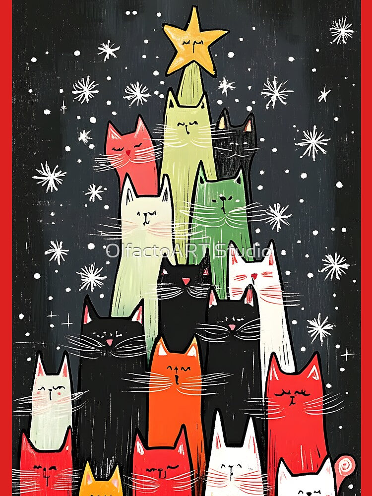 Purr-fectly Festive Cat Christmas Tree Tower with Shining Star Abstract Art AI Generated by OlfactoART Studio