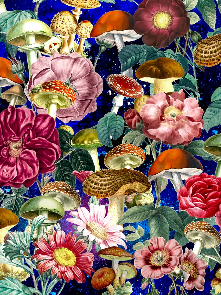 Vintage mushrooms and florals garden, shrooms and fungi, botanical pattern, mushrooms illustration, seamless pattern, blue pattern trendy by ZeinabTaha