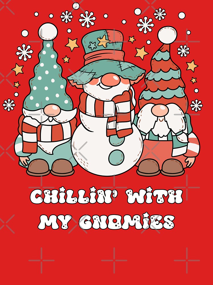 Chillin' With My Gnomies - Cute and Funny Snowman Chilling With His Gnome Friends (Black Outline and White Text Design) by Spiprinto