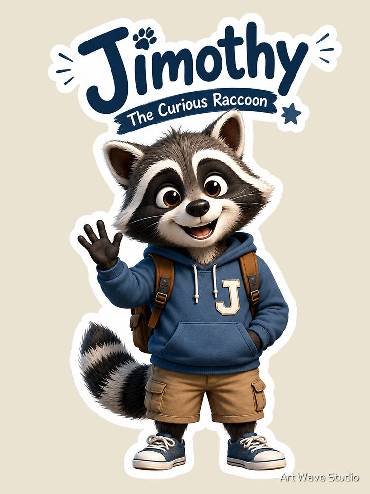 Jimothy the Curious Raccoon Sticker | Cute Woodland Animal Cartoon Mascot | Kawaii Raccoon Vinyl Sticker by Art Wave Studio
