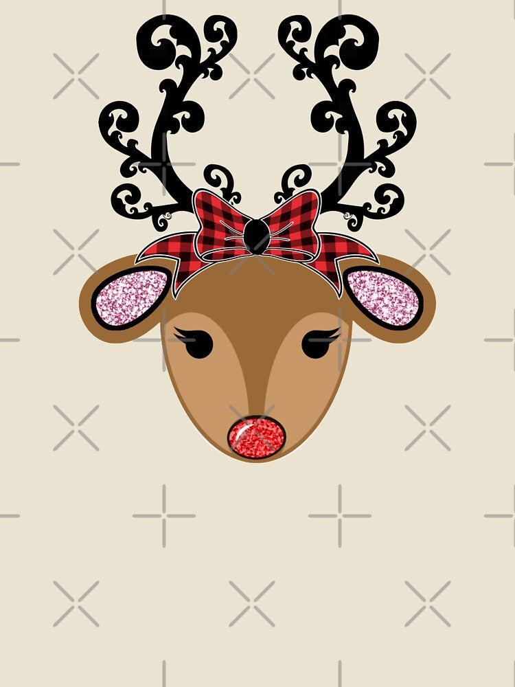 Adorable Reindeer with red plaid bow and glitter Christmas design by StickerArtwork