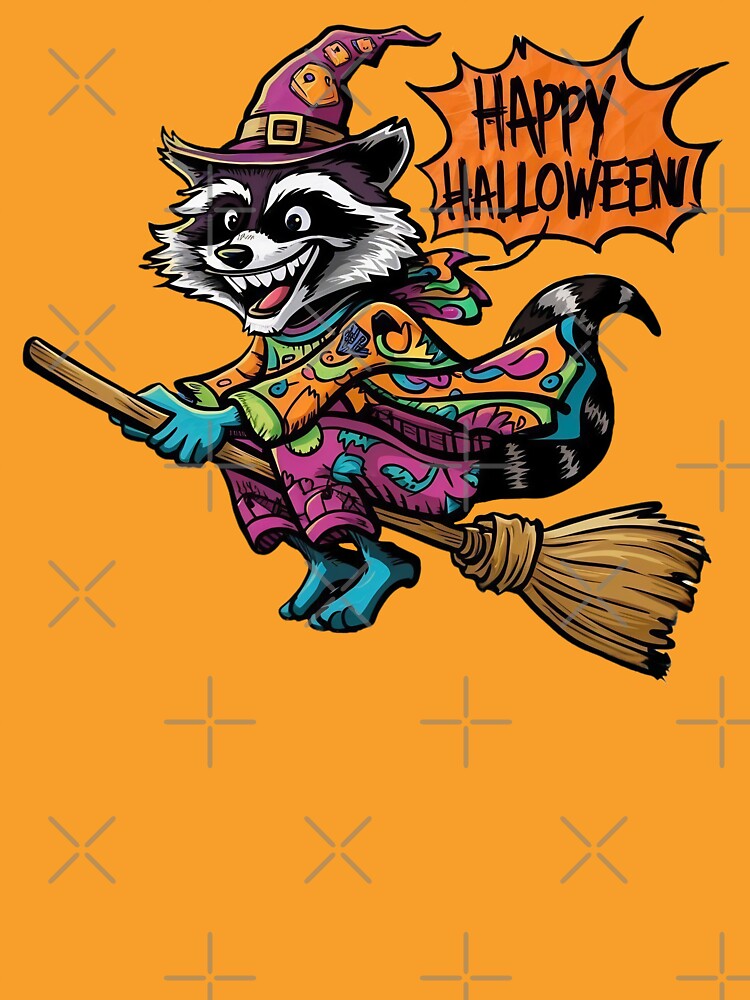 Naughty Raccoon Wizard Flying on Broomstick Happy Halloween by Sturdust