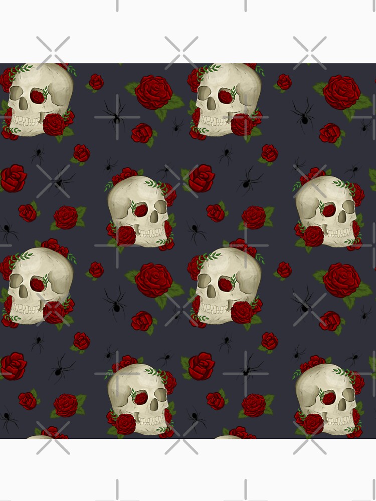 Vintage Dark Academia Skulls, Roses, Spiders with Grey-Blue Background by serafineaandd