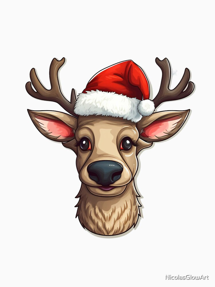 Christmas Reindeer Red Hat | Clssic T-Shirt, Sticker by NicolasGlowArt