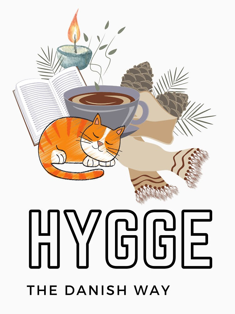 Hygge The Danish Way Classic T-shirt. Hygge. Hyggelig. Cat. Book. Candle. Coffee. Tea. Hot Chocolate. Scarf. by Katrine P