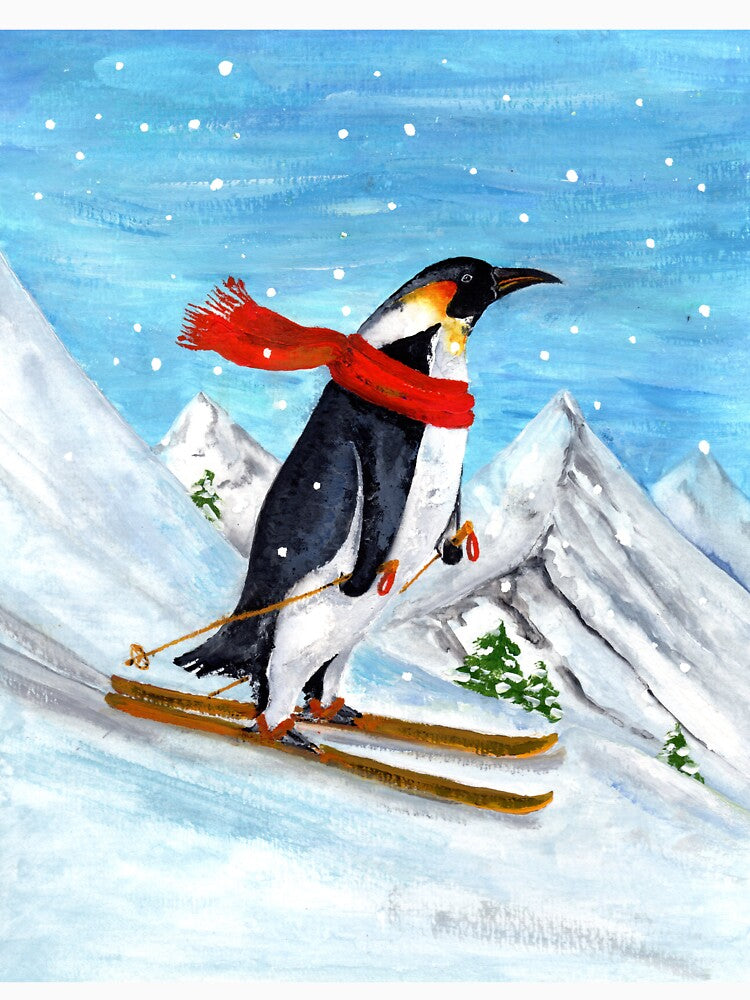 Vintage Style Penguin Downhill Skiing by Goosi Art