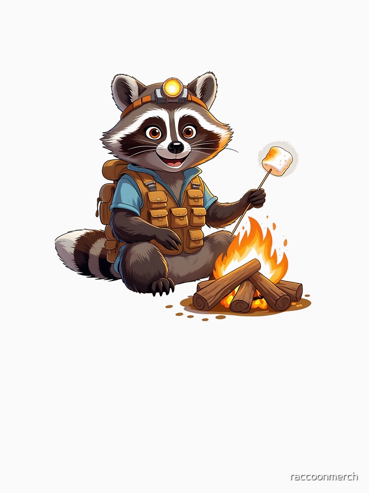 Camping Raccoon by the Fire | Cute Outdoor Adventure Animal Art by raccoonmerch