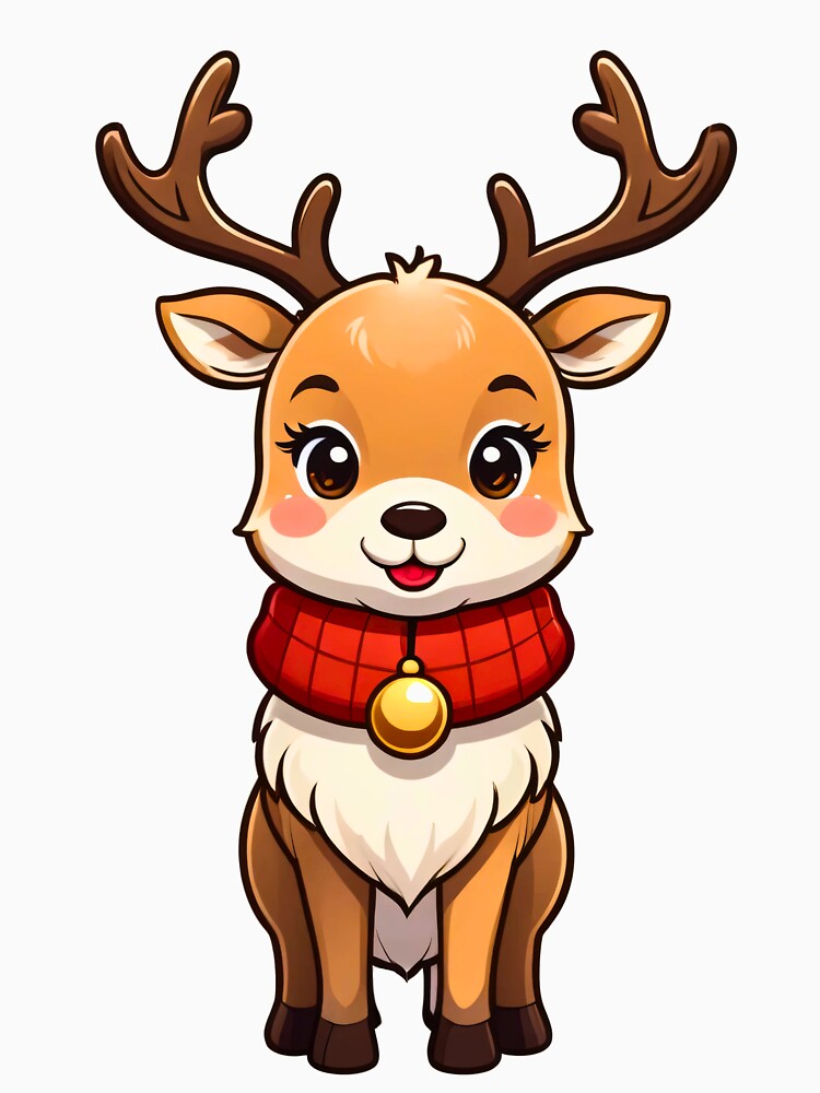 Adorable reindeer with red scarf, golden bell, big brown eyes, soft fur, and happy Christmas smile by Mimoshi ⭐⭐⭐⭐⭐