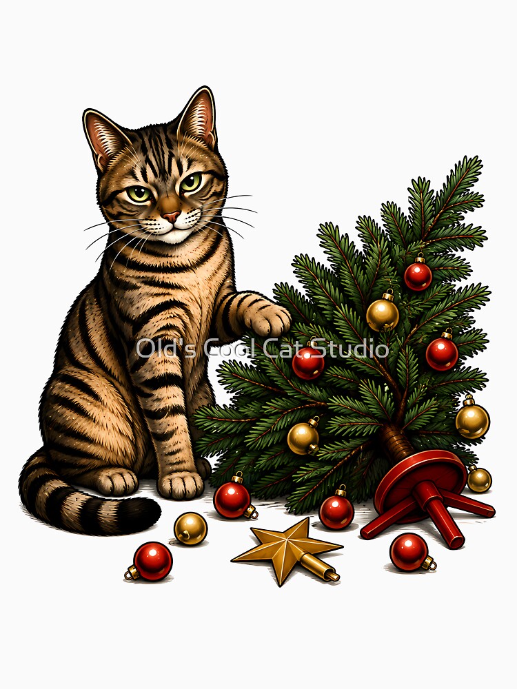 Naughty Cat Knocked Christmas Tree Art by Old's Cool Cat Studio