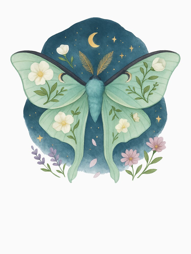 Floral Luna Moth – Celestial Night Sky with Blossoms by Zee's Whimsical Wonders