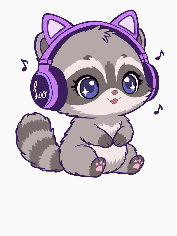Cute Raccoon with Purple Headphones - Kawaii Music Raccoon by BunnySoftArt