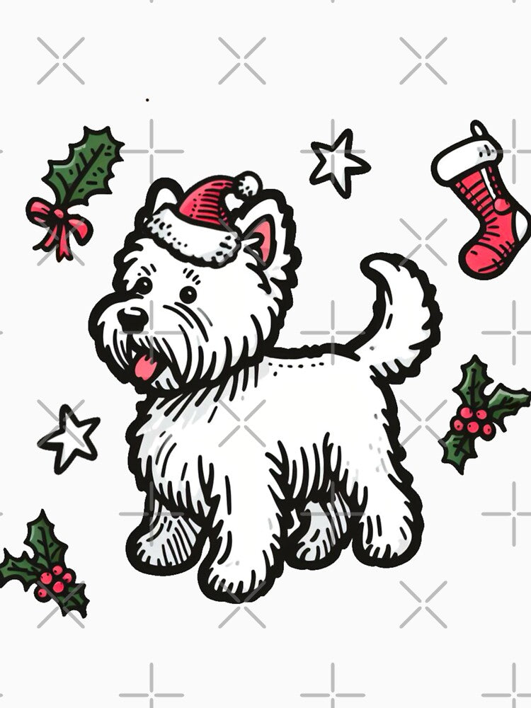 Westie Christmas Design - West Highland Terrier Santa Hat - Cartoon Dog Holiday Drawing by Star-Fragment