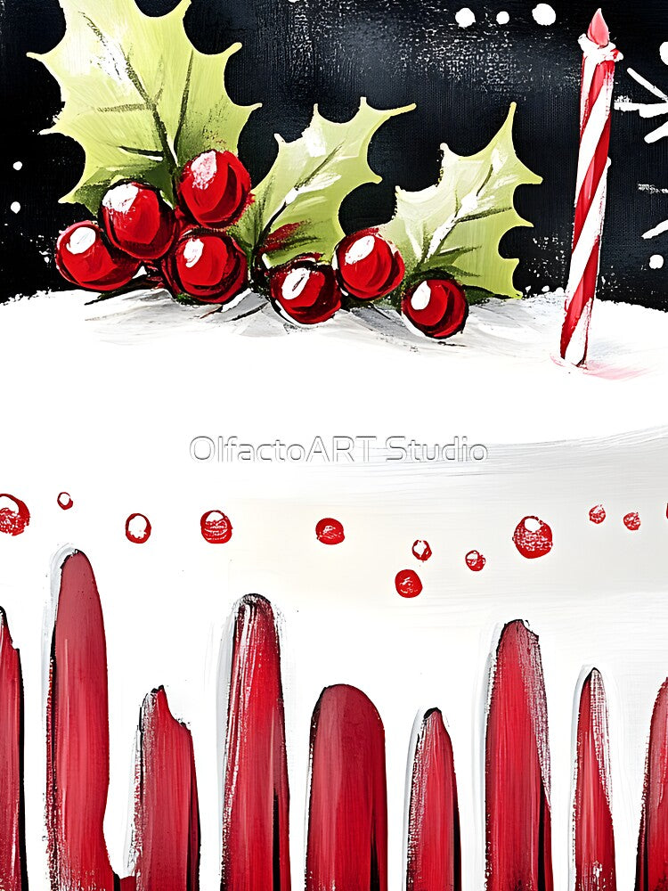 Charming Holiday Christmas Cake with Red Holly Berries and Striped Candle AI Generated by OlfactoART Studio
