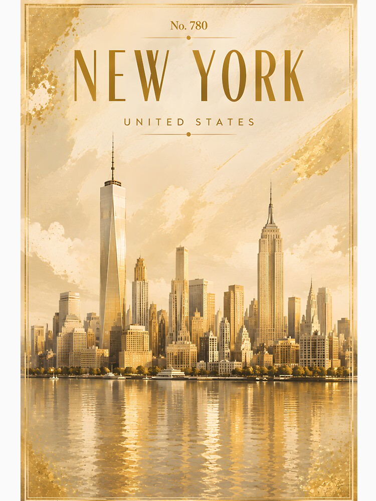 New York Luxury Vintage Travel Poster – Gold & Cream Skyline Wall Art No. 780 by bauschberts