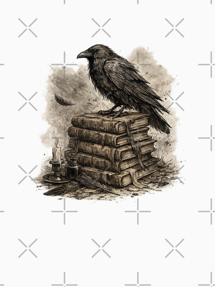 Dark Academia Raven & Books - Moody Ink Sketch by Bratak