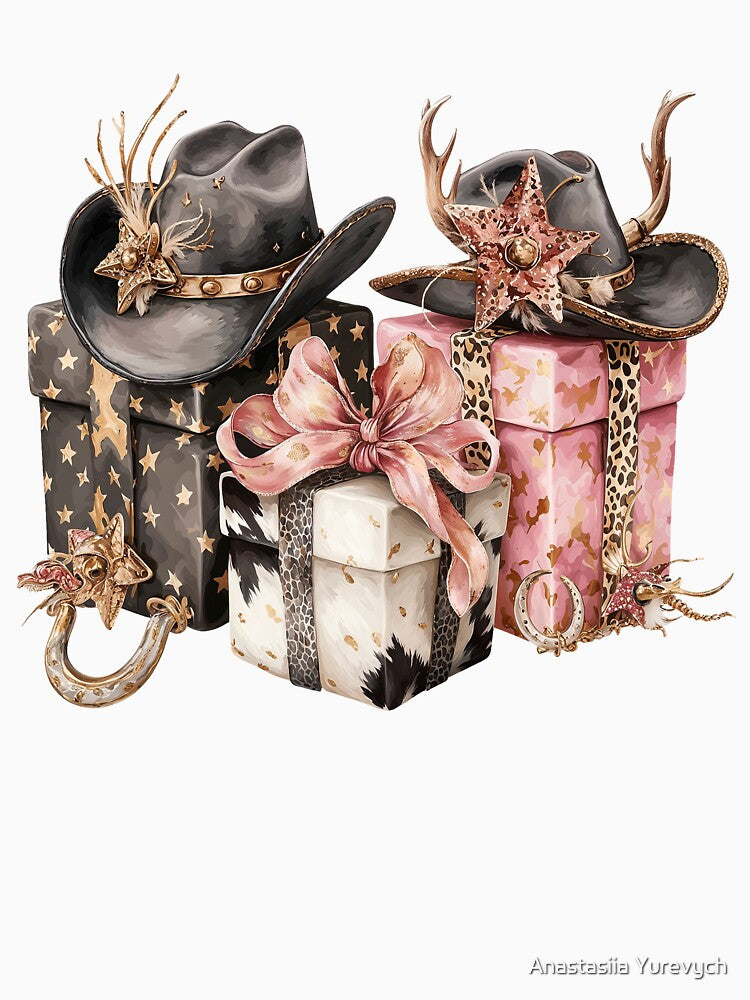 Western Cowgirl Gift Boxes with Glam Cowboy Hats. Christmas ornaments by Anastasiia Yurevych
