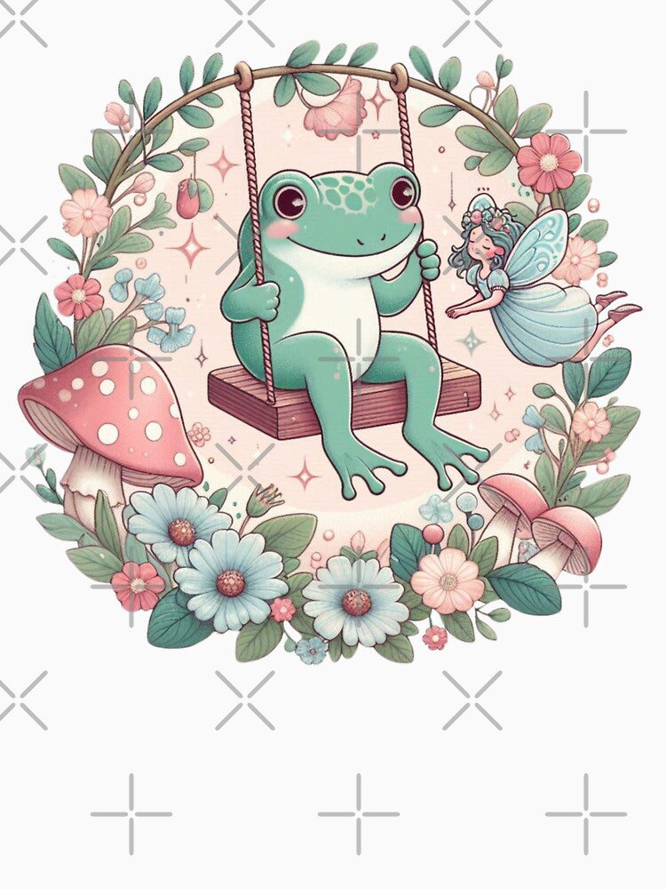 cute green frog is swinging in Spring, faiycore design by coloursforkids