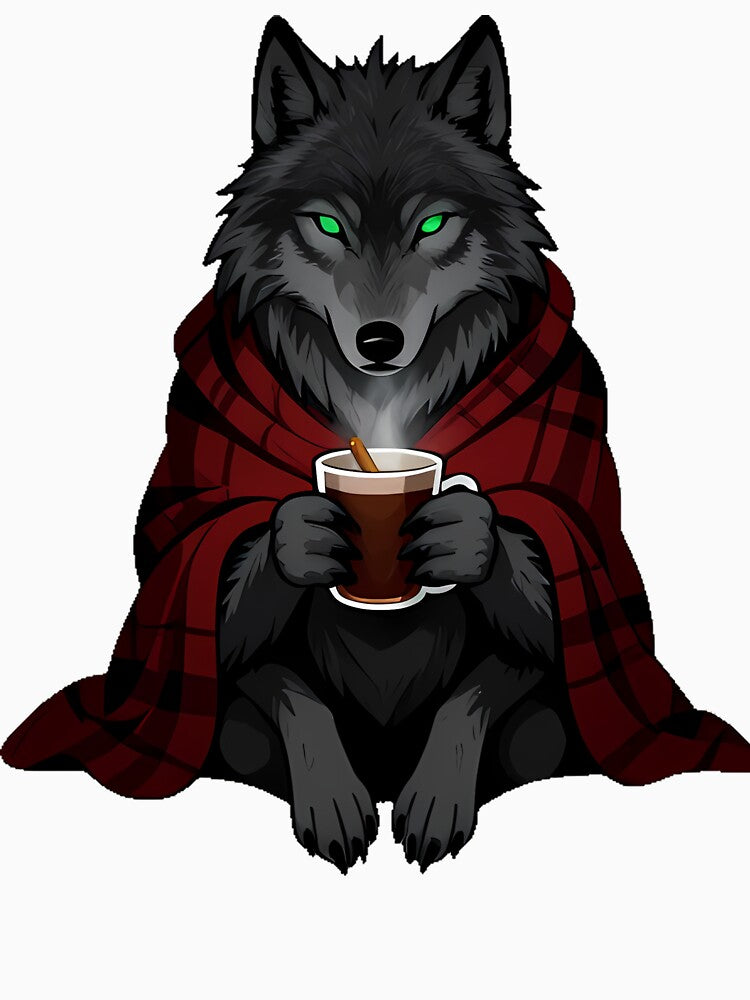Gothic Cozy Wolf with Cocoa and Fireplace Glow by IllumeInk