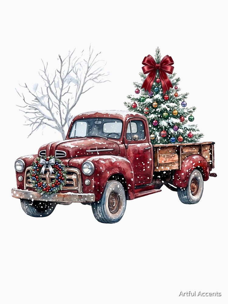 Rustic Red Farm Truck with Christmas Tree Holiday Watercolor by Artful Accents