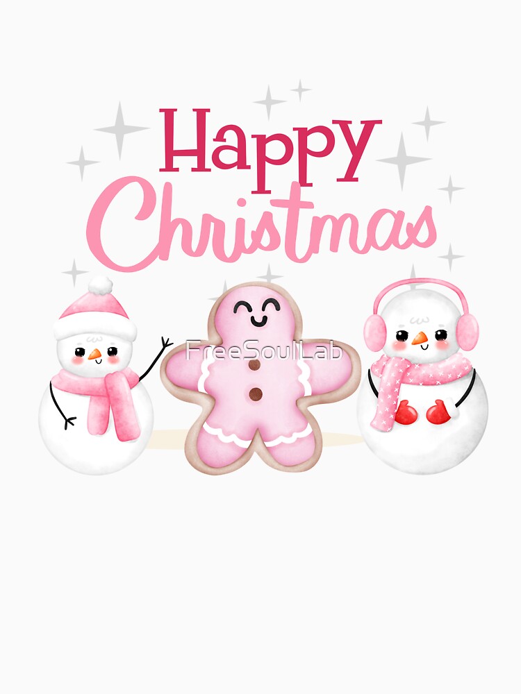 Merry Christmas in pink. Snowmen and gingerbread cookie in pastel pink, the perfect Christmas trio by FreeSoulLab