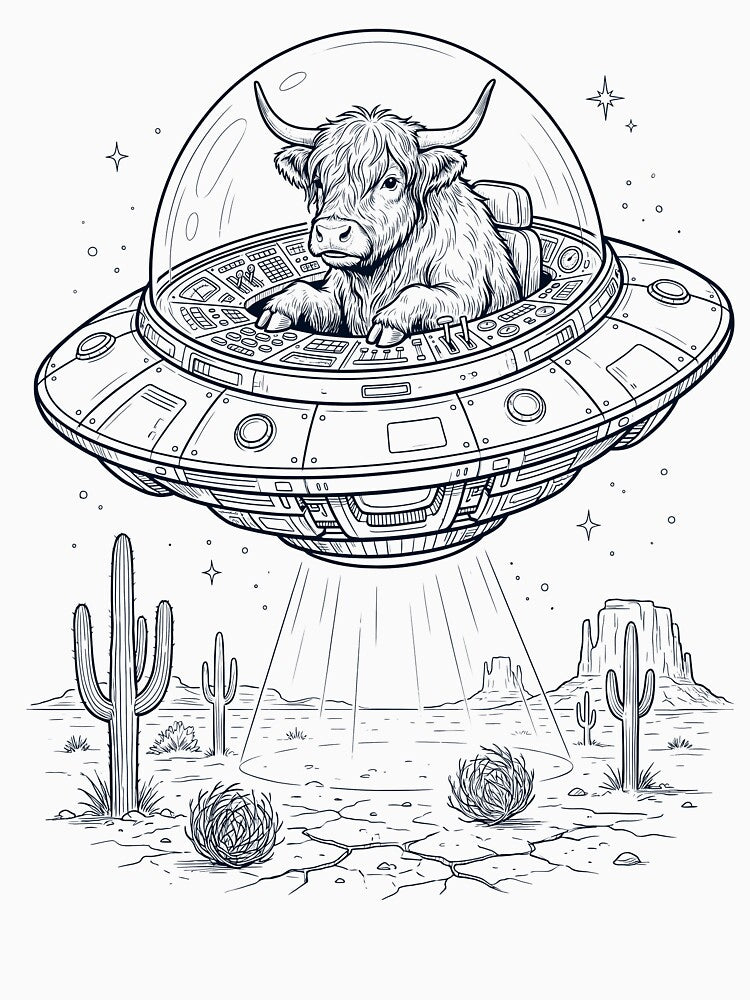 Vintage Highland Cow Riding UFO Animal Lover by DoodleTortle