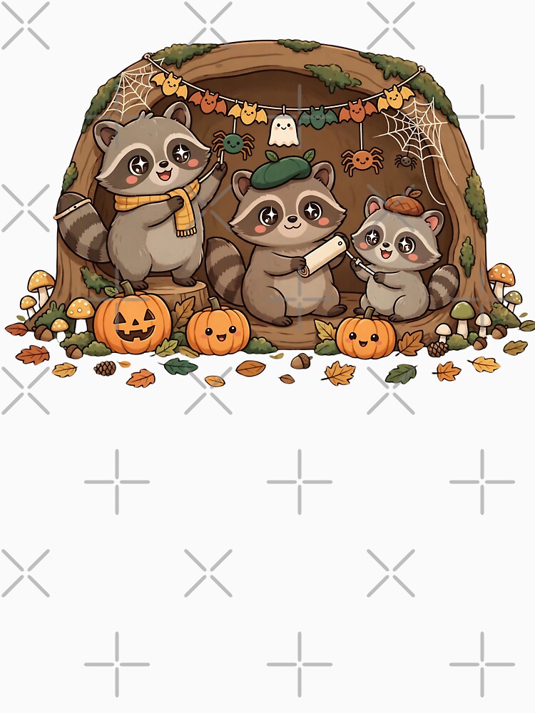 Kawaii Raccoons Decorating Halloween Tree Hollow Pumpkins by Neurospicy Trolls