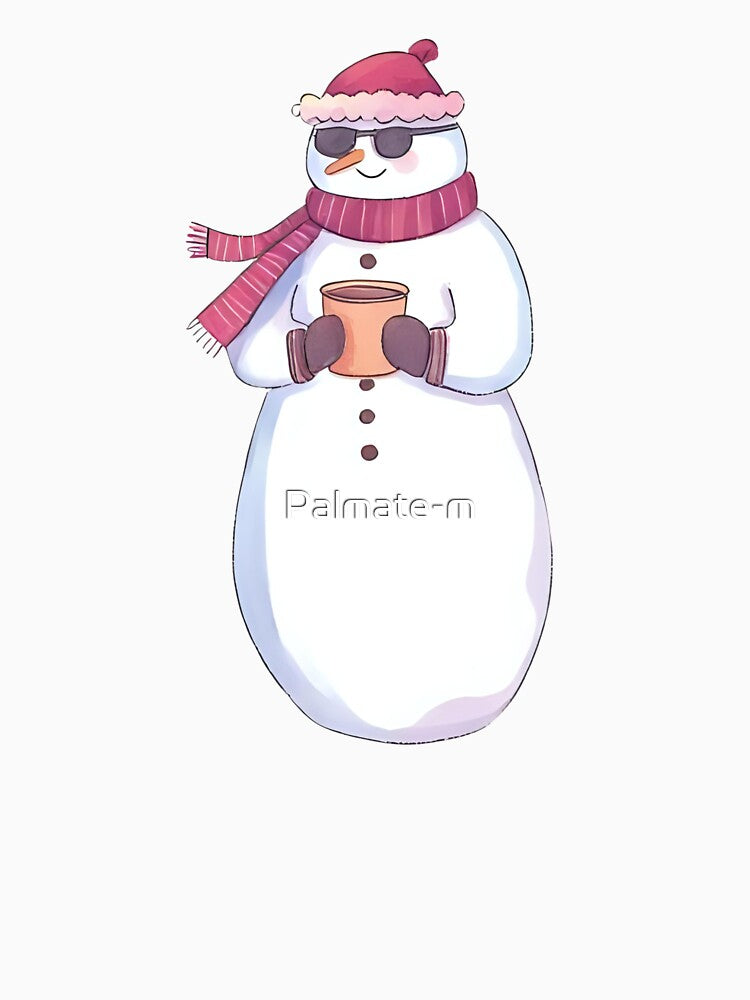 A cool snowman wearing sunglasses and holding a mug of hot cocoa, confident pose, cute sticker design, bold outline, transparent background, winter holiday theme by Palmate-m