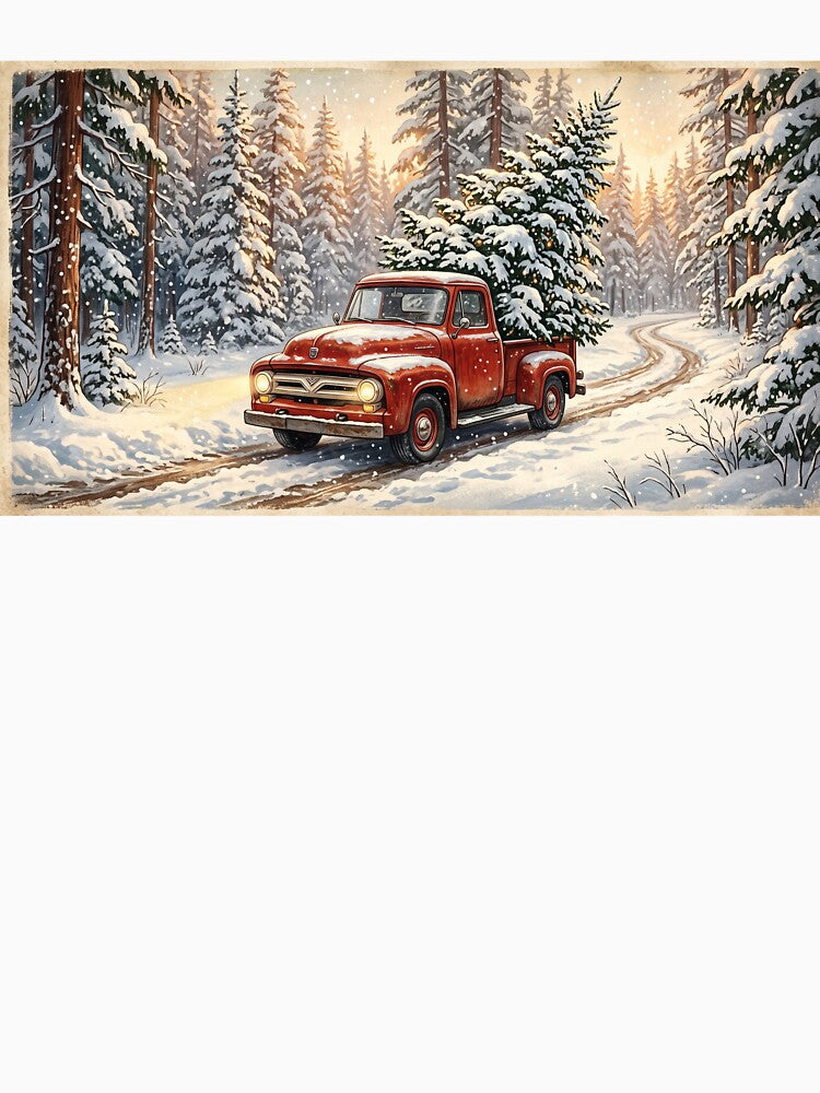 Vintage Red Truck Christmas Tree Delivery in Snowy Forest by larbimalki