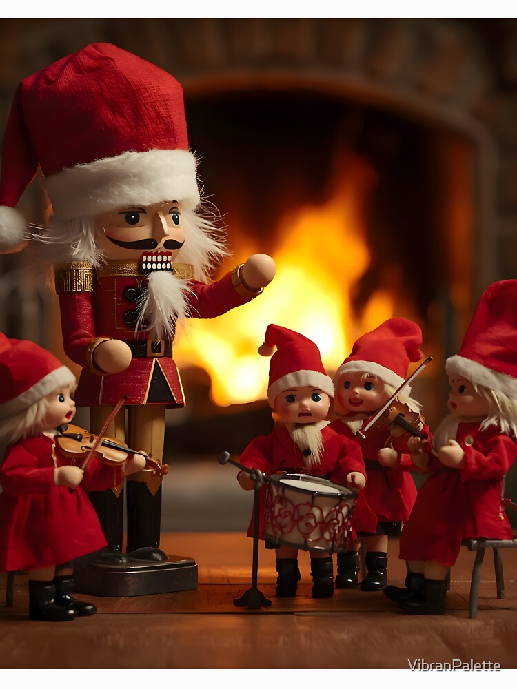 Nutcracker Doll and Little Santa Musician Figures by Fireplace by VibranPalette